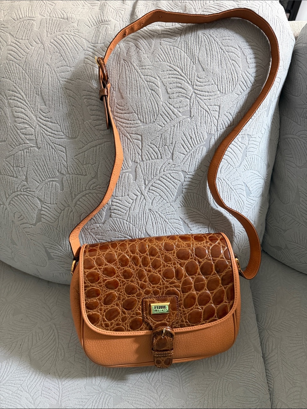 Gianfranco Ferre Cognac Croc-Embossed Leather Crossbody
